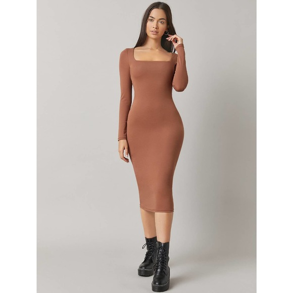 Minimalist Cotton Square Neck long sleeve Bodycon midi Dress - Picture 7 of 8